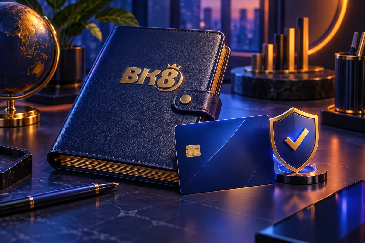 A BK8 ledger beside a bank card and verification shield
